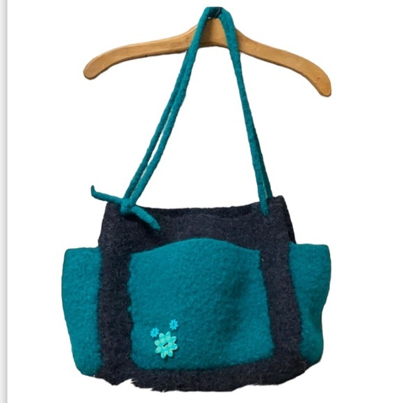 Wool Purse Turquoise and Navy‎ Blue W/ flowers. See pics for measurements (1299) - Picture 1 of 13